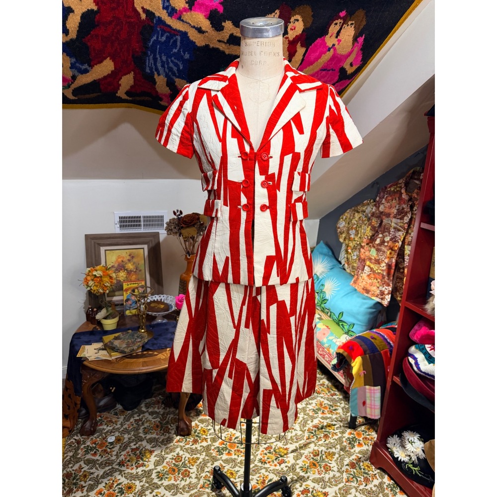 Vintage Red White Geometric Abstract Mod Skirt Suit Set Talon Zipper 60s